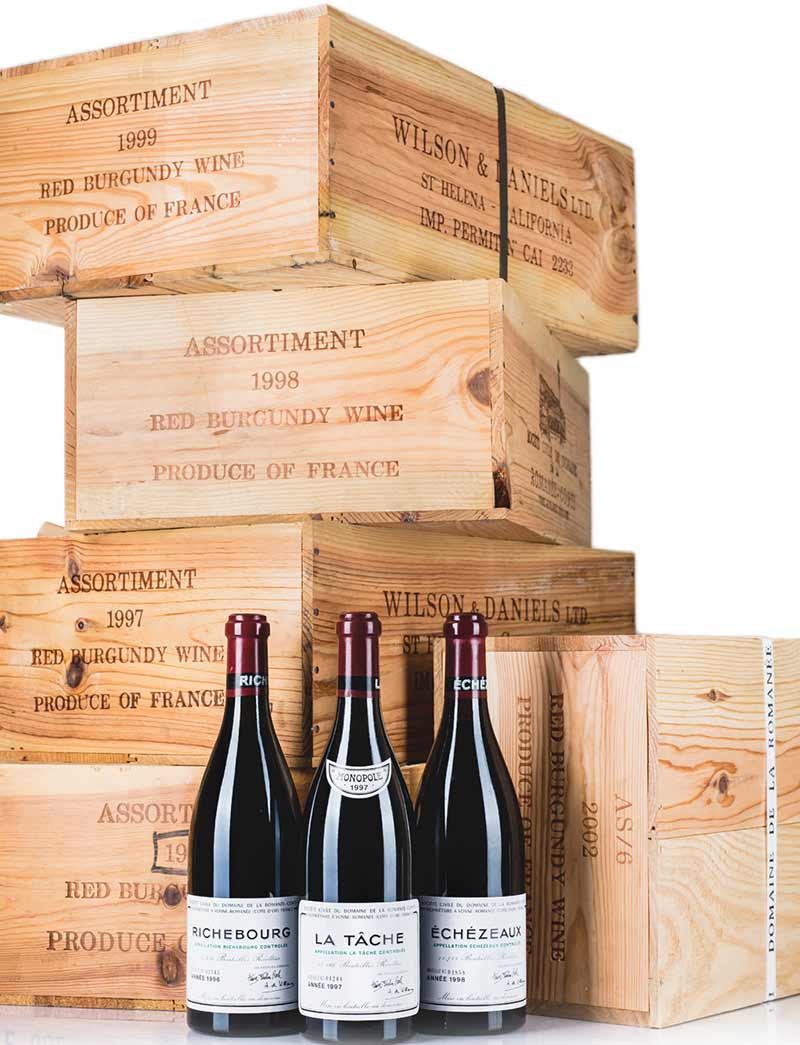 Assortment of Red Burgundy Fine and Rare Wine. 1999 1998 1997 2002 Original Wooden Case Richebourg La Tache Echezeaux Domaine de La Romanee Conti